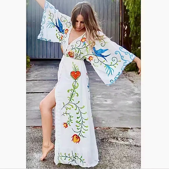 Boho Chic Floral & Bird Embroidered Flowy Maxi Dress V Neck wedding maternity - Picture 6 of 8